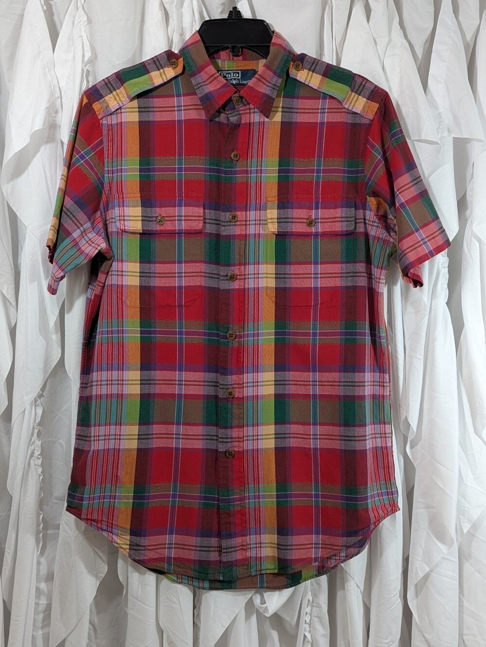Polo Ralph Lauren Madras Plaid Safari Red Short Sleeve Button Up Shirt Mens M